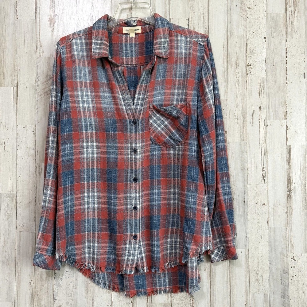 Cloth & Stone Flannel Top Blouse M Frayed Hem Red Blue Plaid Long Sleeve Cabin‎
